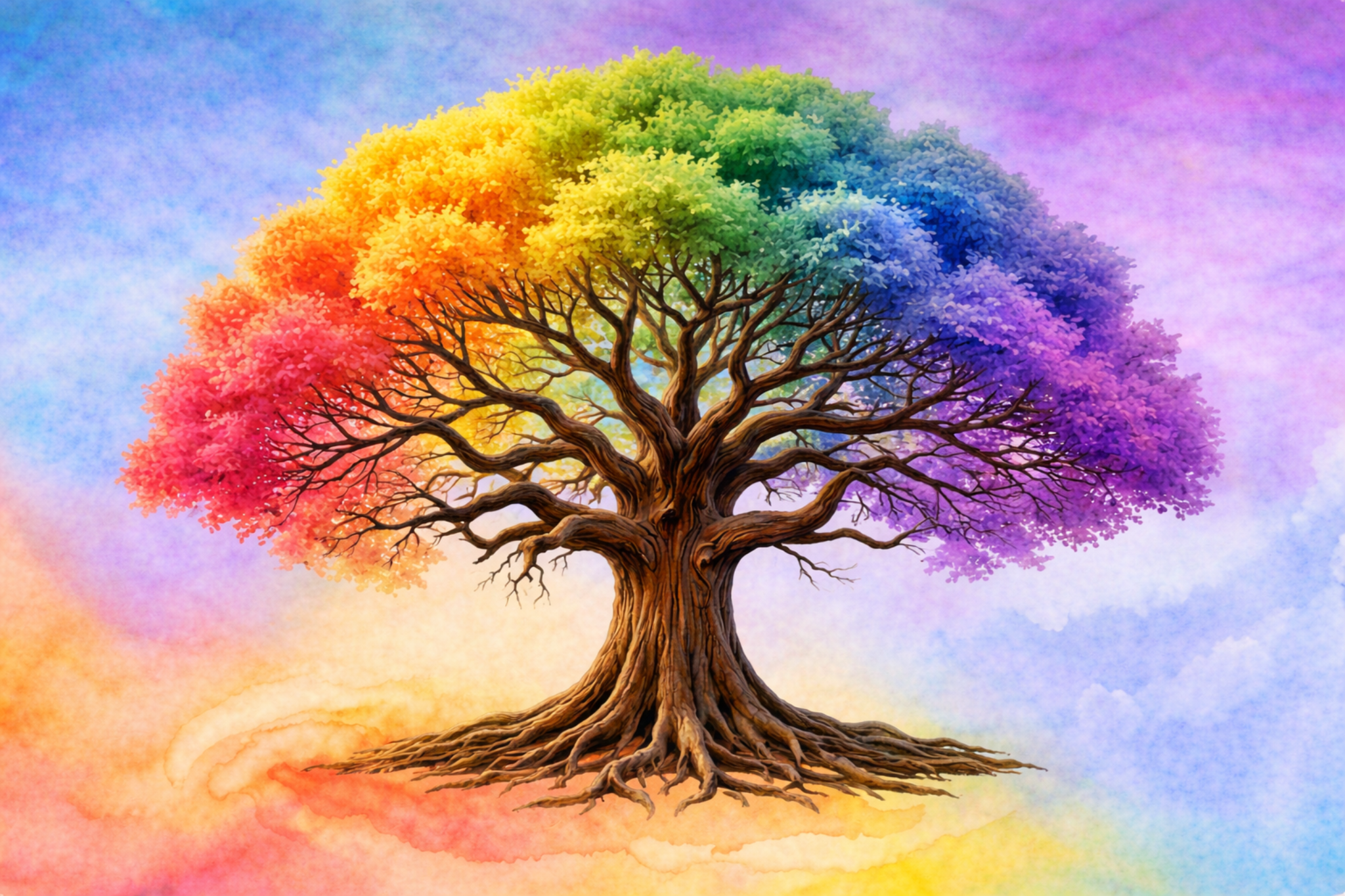 A colorful tree with leaves in rainbow colors, set against a vibrant sky with watercolor effects.
