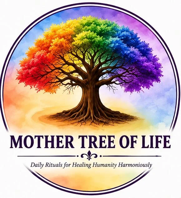 Mother Tree of Life rainbow tree logo with the tagline “Daily Rituals for Healing Humanity Harmoniously.”