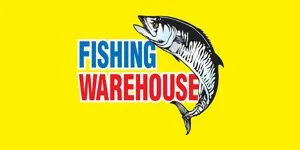 Logo with a fish illustration and the text 'FISHING WAREHOUSE' in blue and red letters on a yellow background.