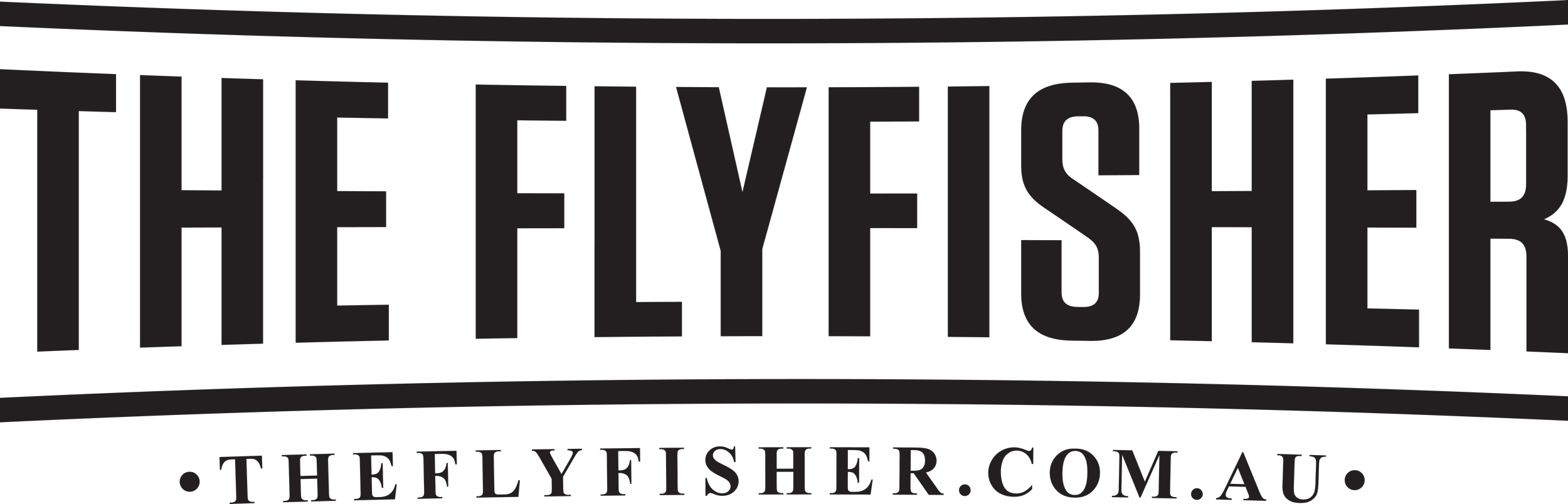 A banner with the words "THE FLY FISHER" in large, black letters on a dark background, and a website URL "THEFLYFISHER.COM.AU" at the bottom.