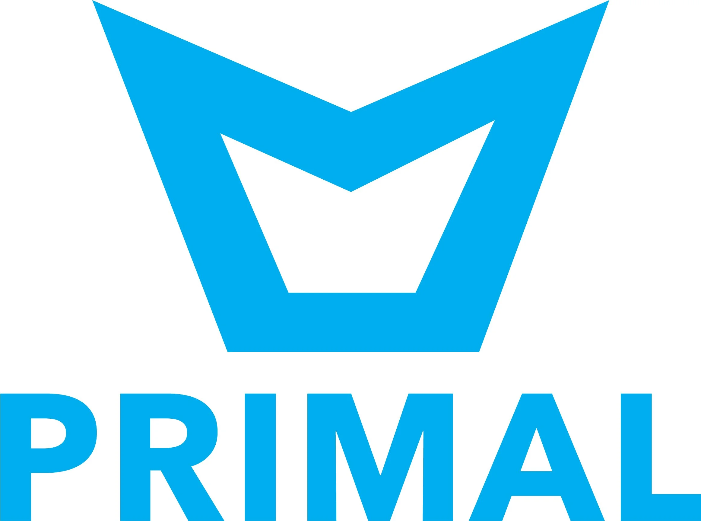 A blue geometric logo resembling a stylized prism inside an open-top container with the word PRIMAL written below in blue capital letters.