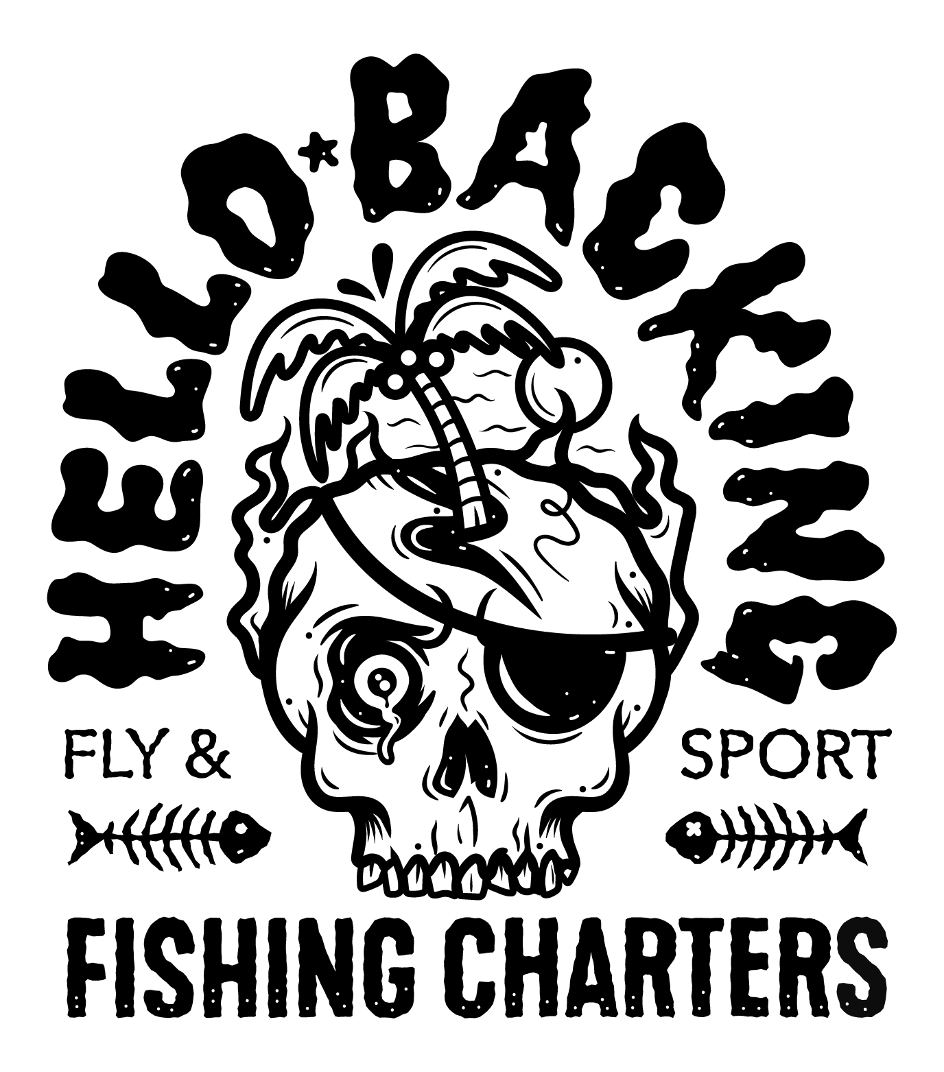Outline of a skull with a palm tree growing from the top, surrounded by fish, with the words 'FISHING CHARTERS' below and phrases 'FLY & SPORT' on either side.
