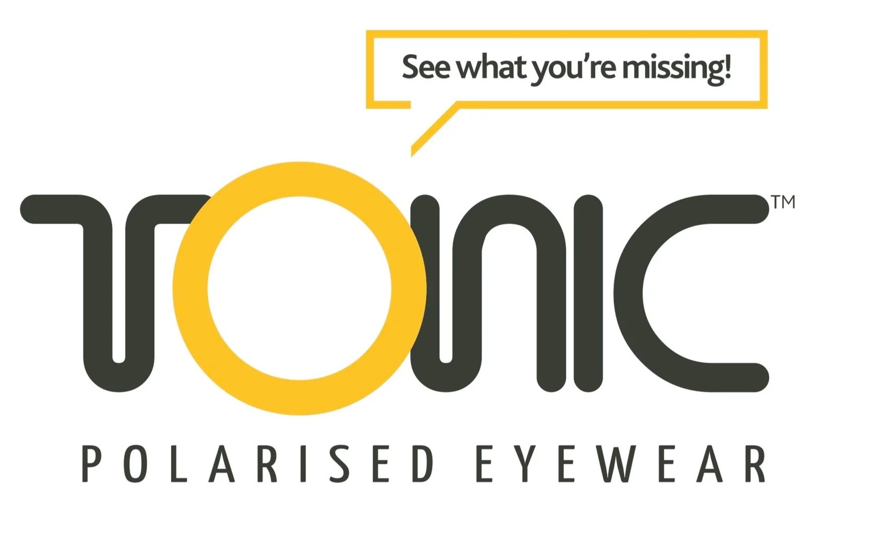 Logo of TONE polarized eyewear with a yellow circle replacing the 'O' and a speech bubble says 'See what you're missing!'