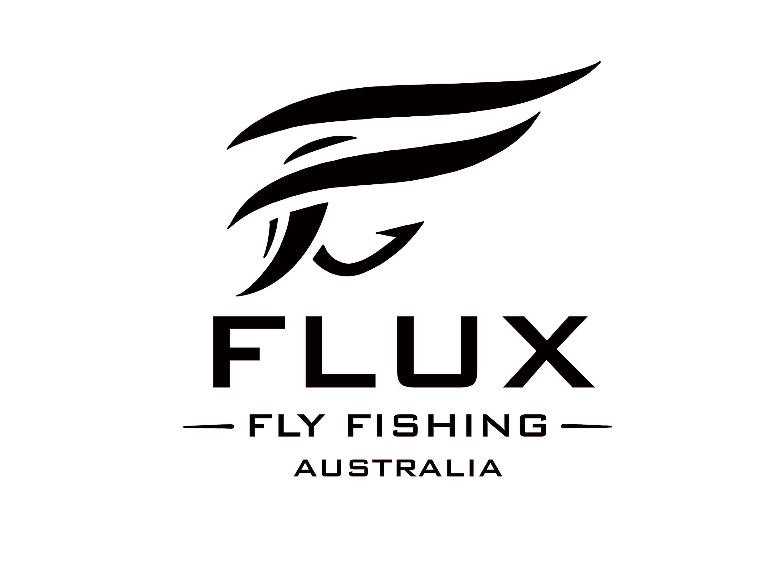 Logo for Flux Fly Fishing Australia featuring a stylized fly and the company's name.