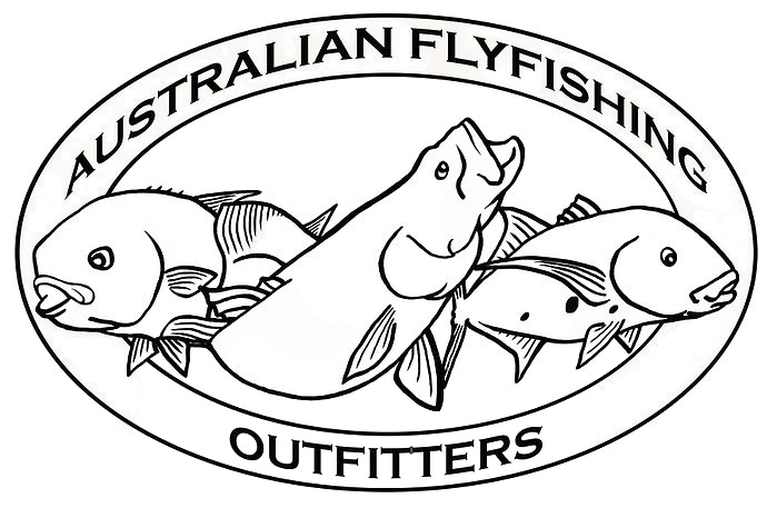 Logo for Australian Fly Fishing Outfitter featuring a fish with a fishing rod and a fly fishing scene.
