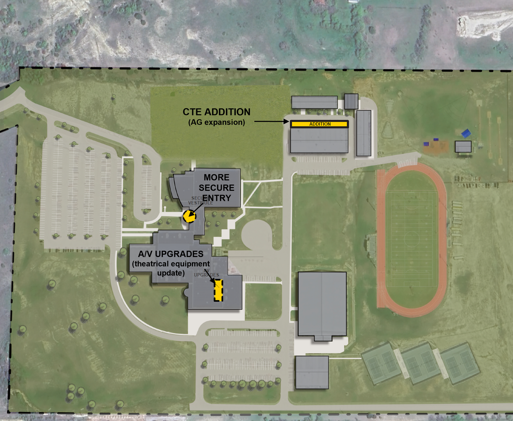 Aireal Site Plan of Decatur High School. Three callouts show a/v upgrades,  more secure entry, and CTE addition