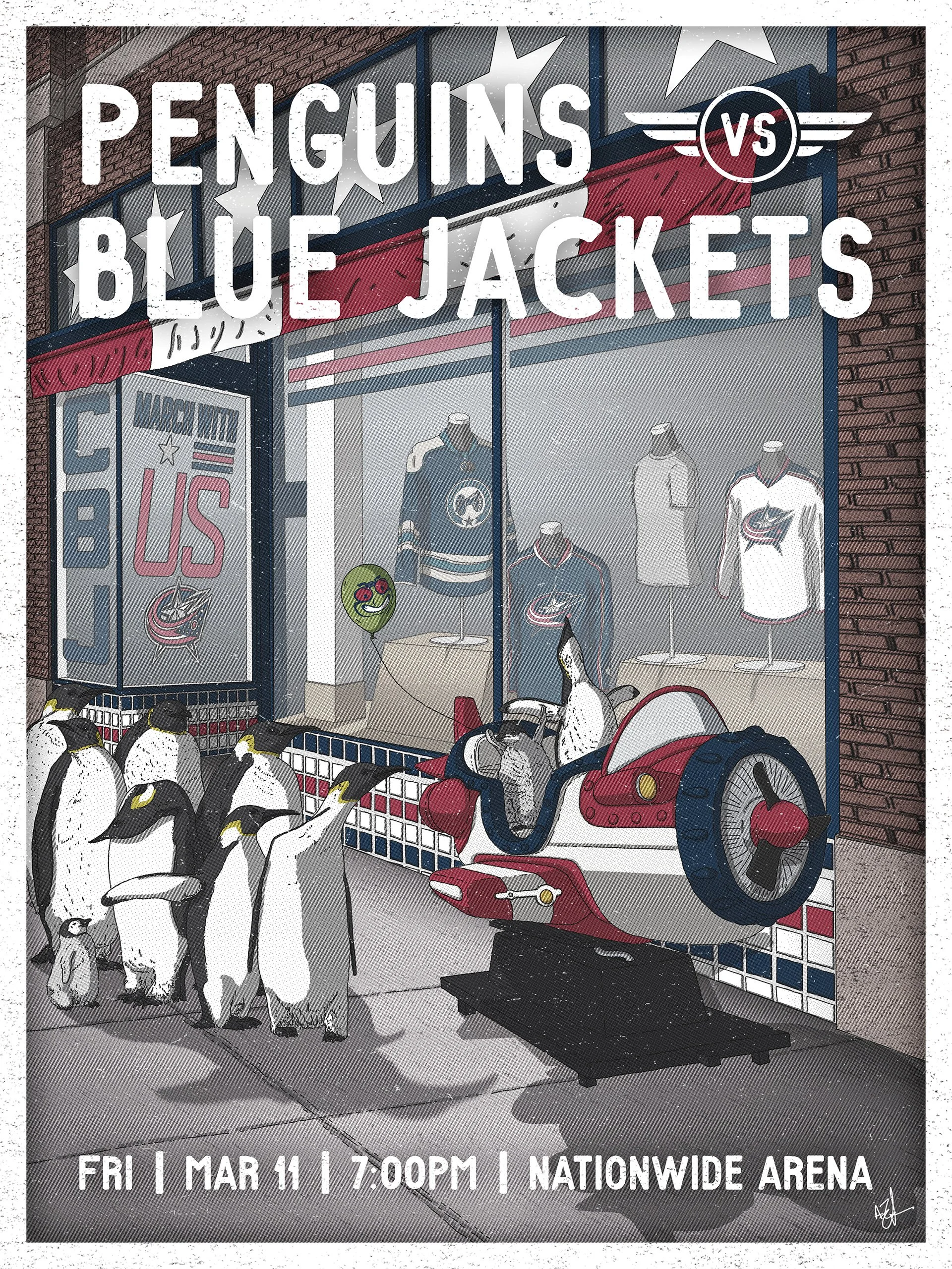 An illustrated poster for a hockey game between Penguins and Blue Jackets. The scene includes penguins outside a store window with Columbus Blue Jackets merch display, and five penguins gathered around a small coin-operated airplane ride.