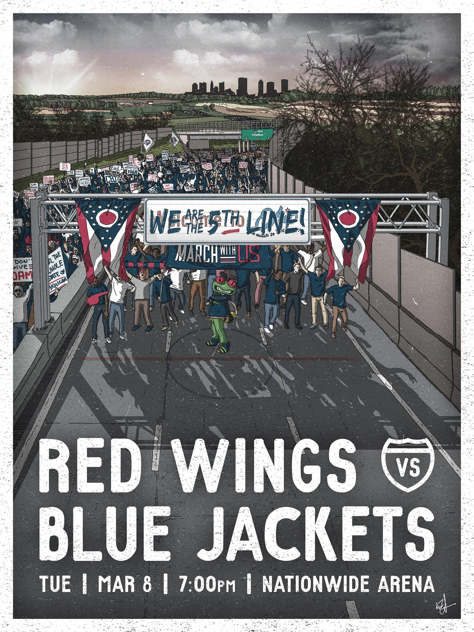 An illustrated poster with a crowd of fans, banners, and flags supporting the Columbus Blue Jackets as they defend Ohio against the Detroit Red Wings. The scene shows a highway "closure" with a large banner that reads, 'We Are the 5th Line!'