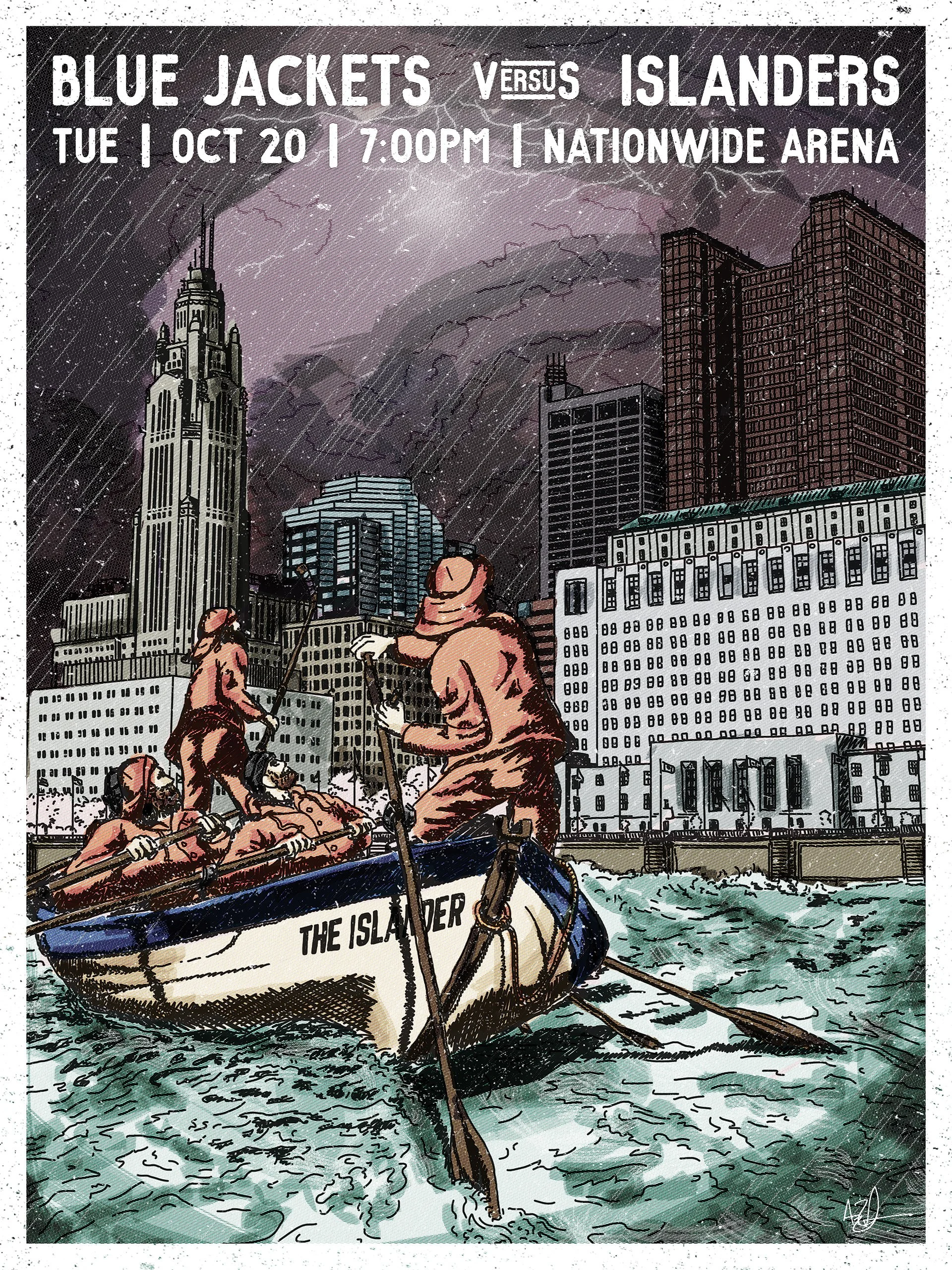 A promotional poster for a hockey game between the Blue Jackets and Islanders at Nationwide Arena. The poster features an illustration of people rowing a boat labeled "The Islander" on a river with city skyscrapers in the background during stormy wea