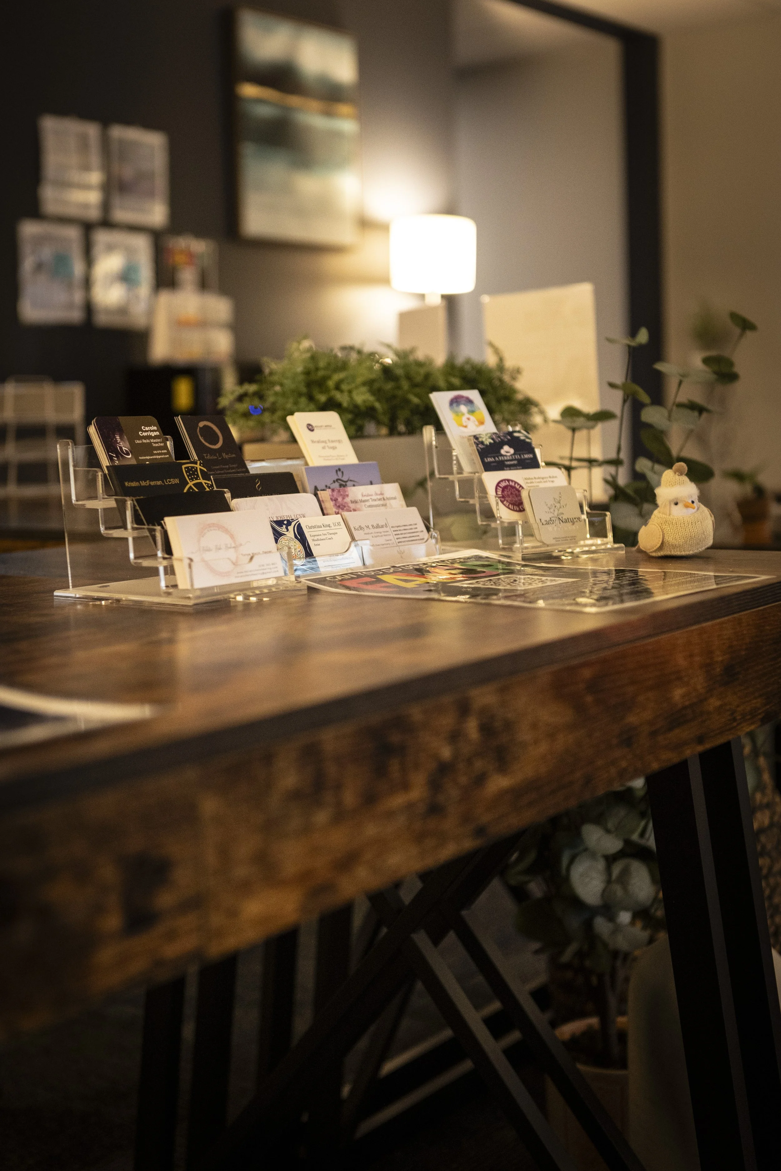 Business card display on a wooden table with a stuffed duck toy and plants in the background.