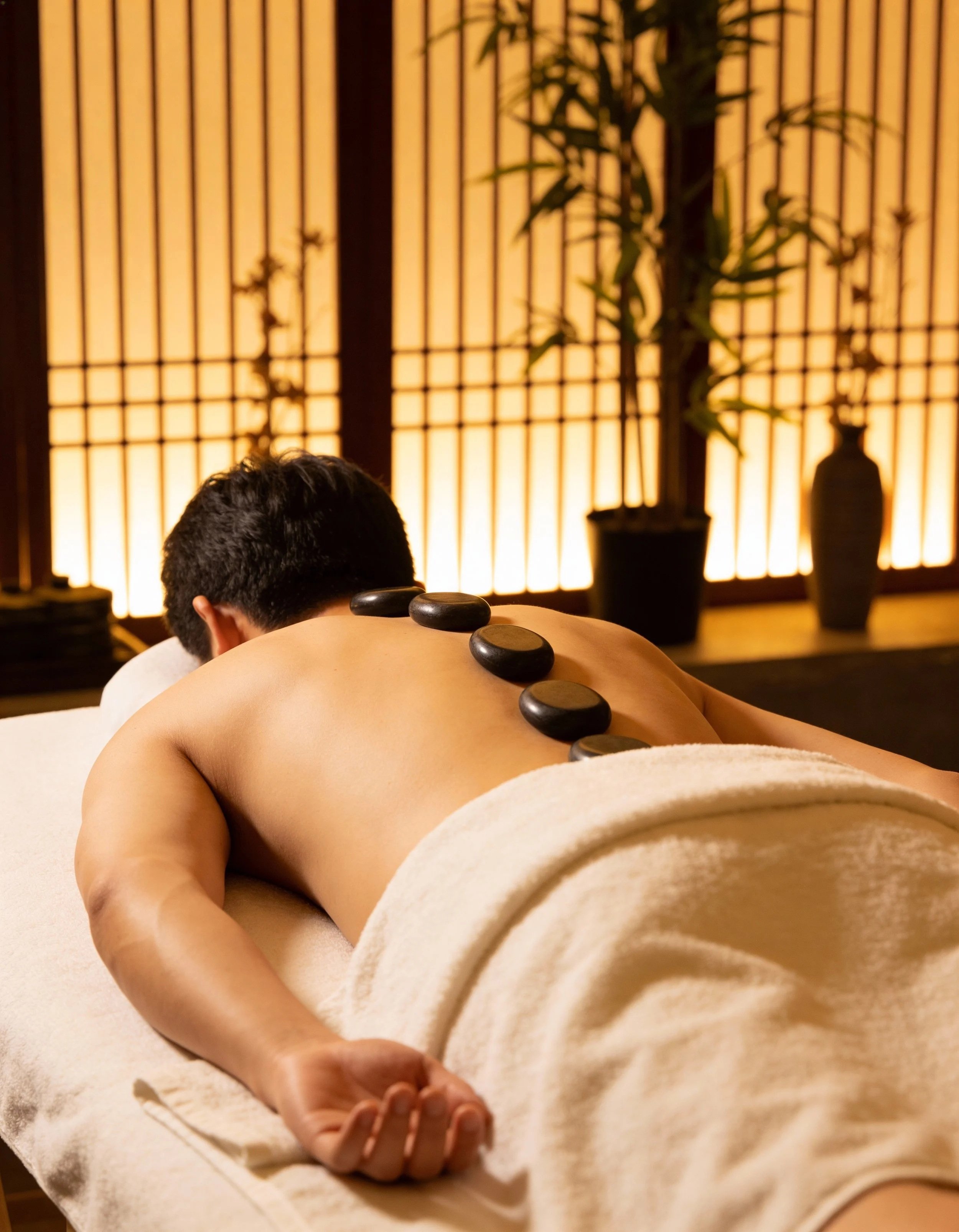 a man receiving hot stones massage