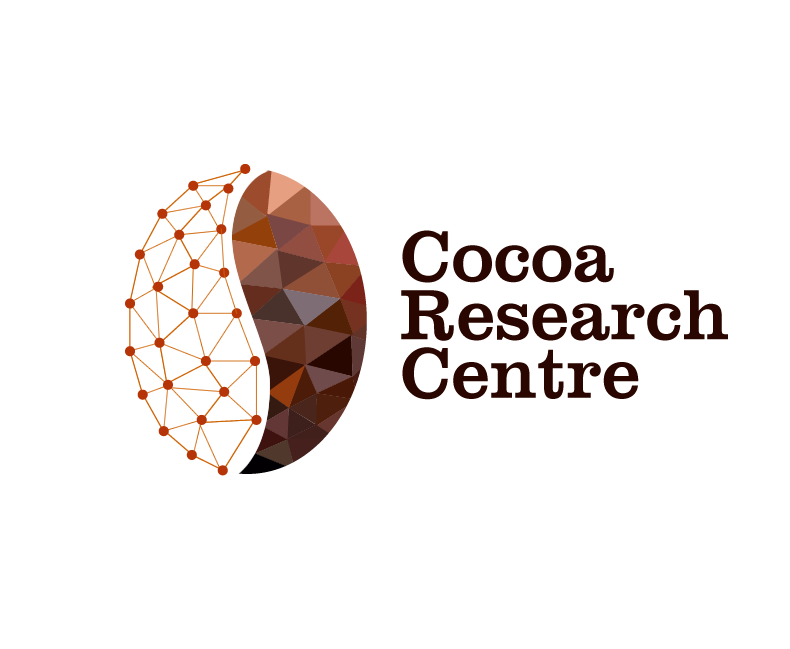 Logo of Cocoa Research Centre with a stylized cocoa bean made of a network of lines and dots on the left and geometric brown sections on the right, with the text 'Cocoa Research Centre'.