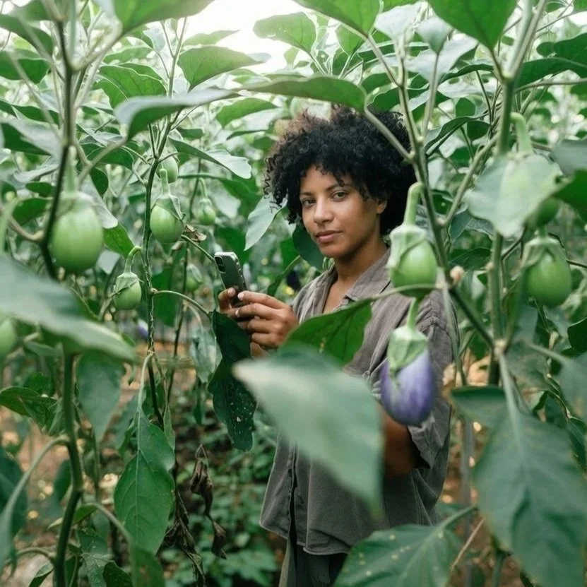 A woman with curly hair standing among green pepper plants in a greenhouse, holding a phone.