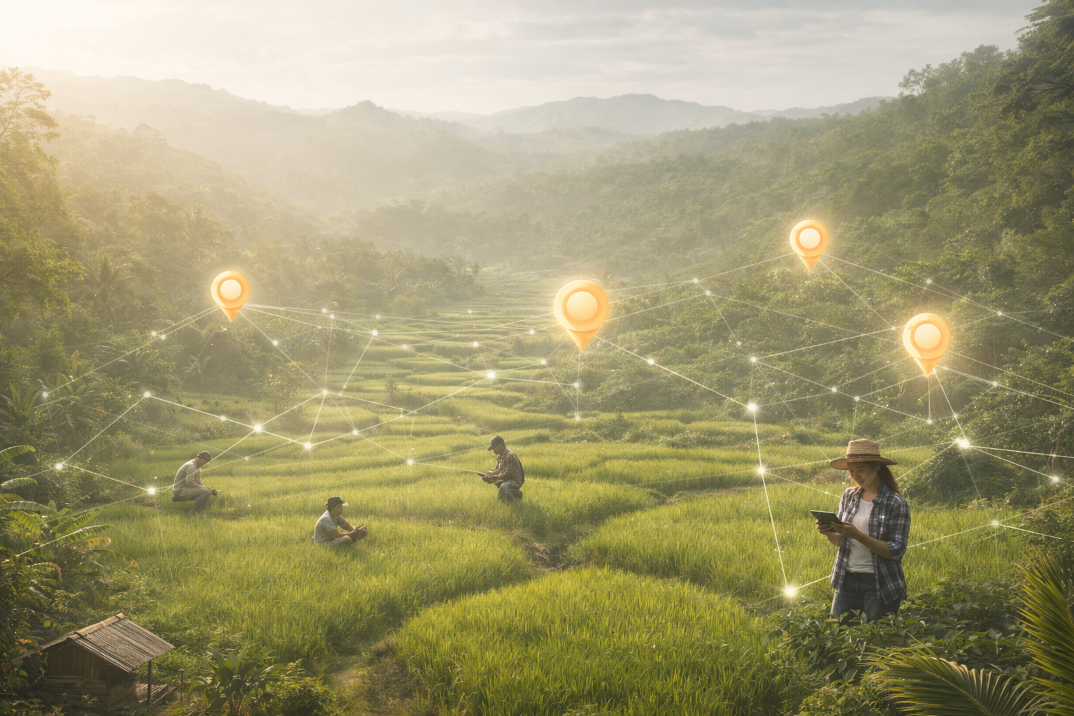 Farmers working in green rice paddies on a hillside with digital location markers and network overlay.