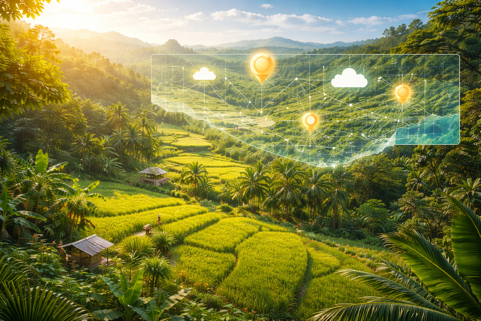 Lush green agricultural landscape with terraced rice fields, palm trees, and small huts under a bright blue sky, with a digital overlay highlighting connectivity points.