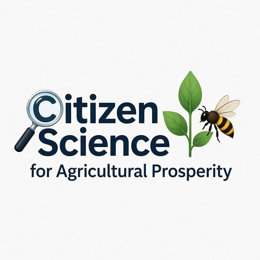 Logo for Citizen Science for Agricultural Prosperity with a magnifying glass, a plant with leaves, and a bee.