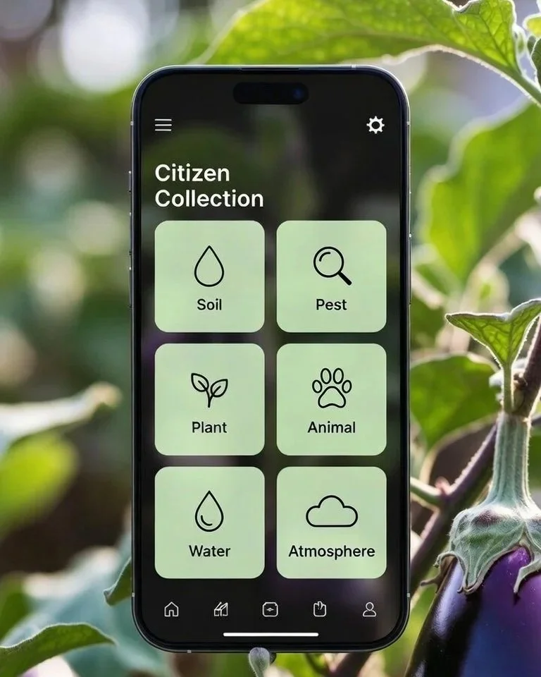 A smartphone screen displaying an app called 'Citizen Collection' with icons labeled Soil, Pest, Plant, Animal, Water, Atmosphere, on a backdrop of green plants.