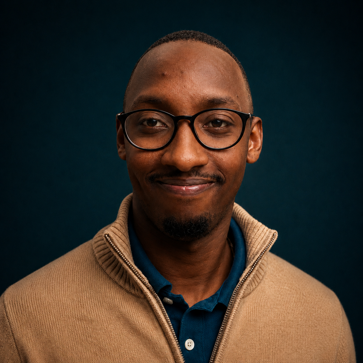 Headshot photo of a man wearing glasses, a tan zip-up sweater, and a blue collared shirt against a dark background.