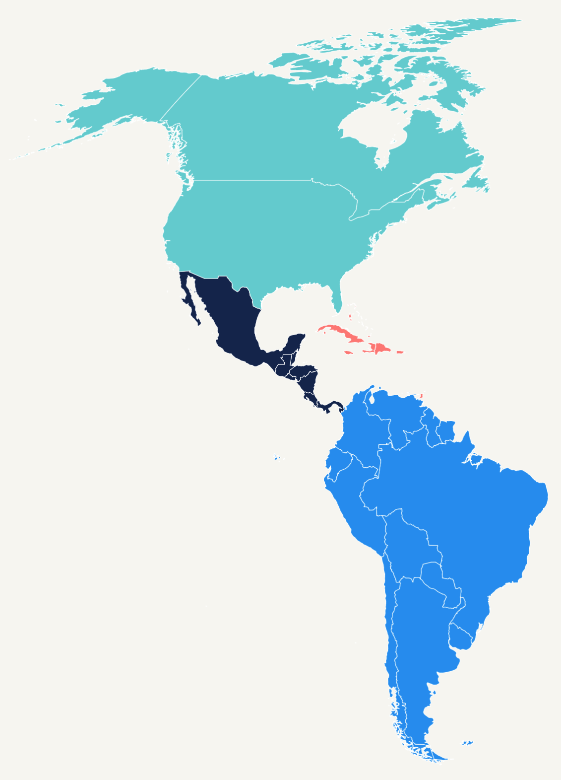 Map of the Americas colored in shades of blue and pink, representing UN Subregions.