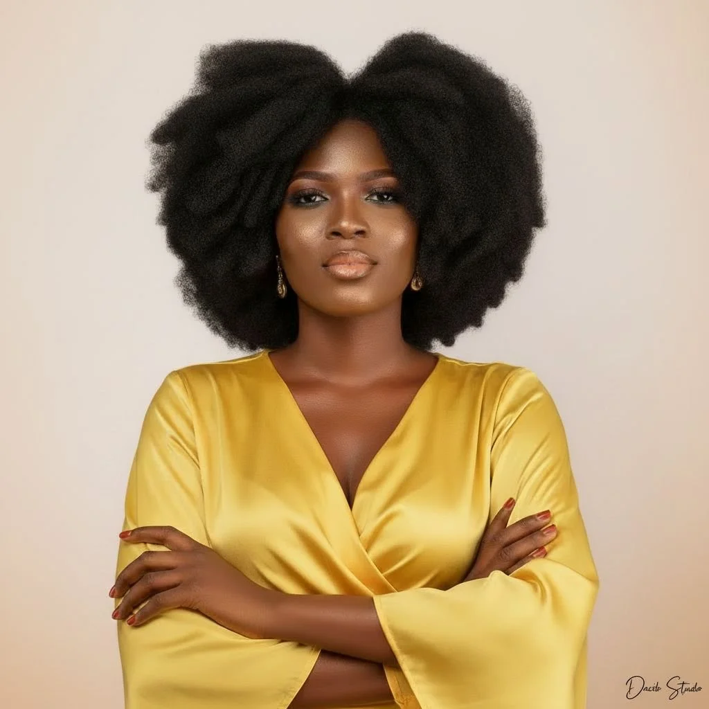 Headshot photo of a woman wearing a yellow satin top and gold earrings, standing with arms crossed against a plain background.