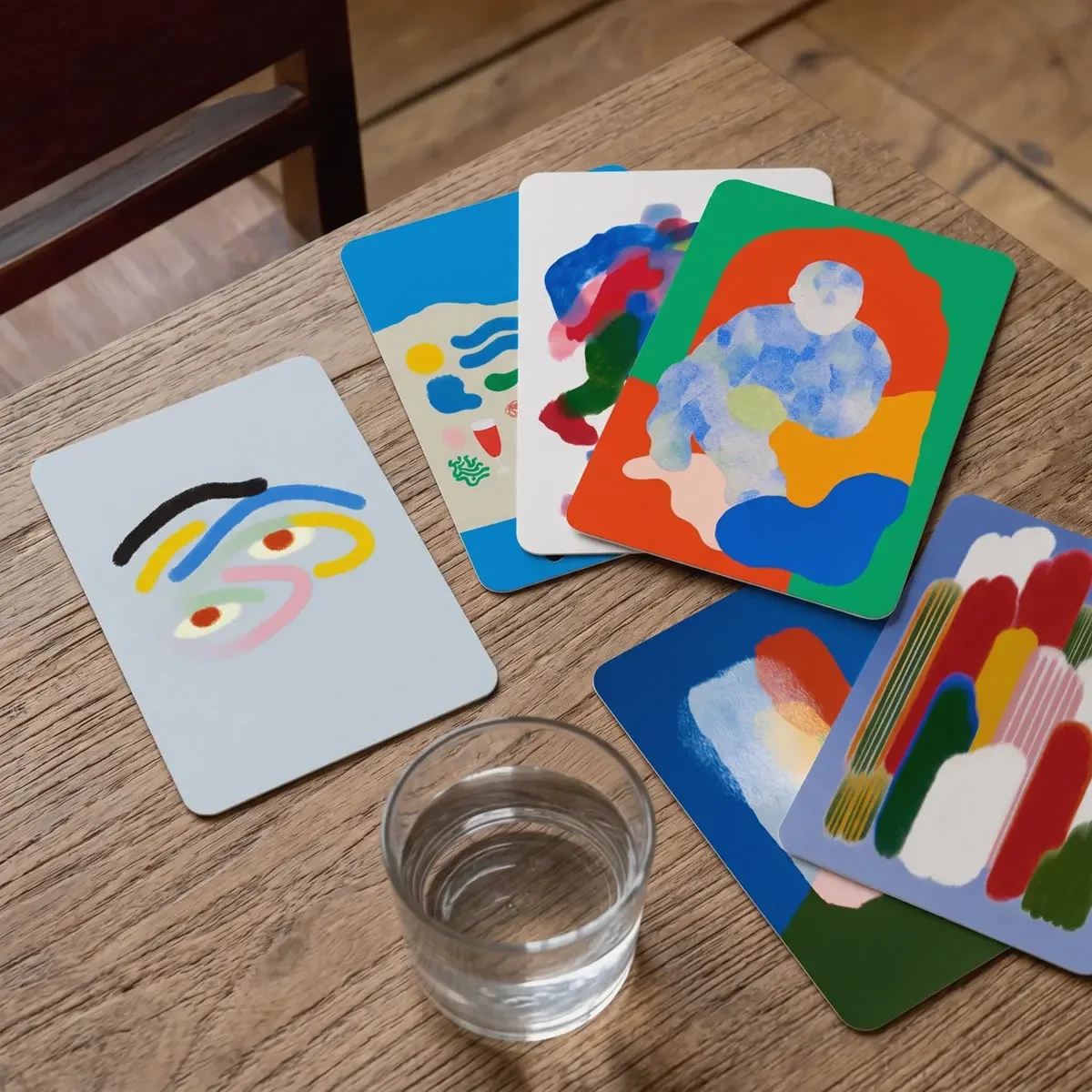 Bunte Karten mit abstrakten Gemälden liegen auf einem Holztisch neben einem Glas Wasser.