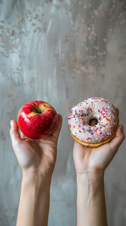 Two hands holding an apple and a donut, symbolizing food neutrality and eating disorder recovery with Shannon O'Keefe, Registered Clinical Counsellor (RCC) at Shannon May Counselling.