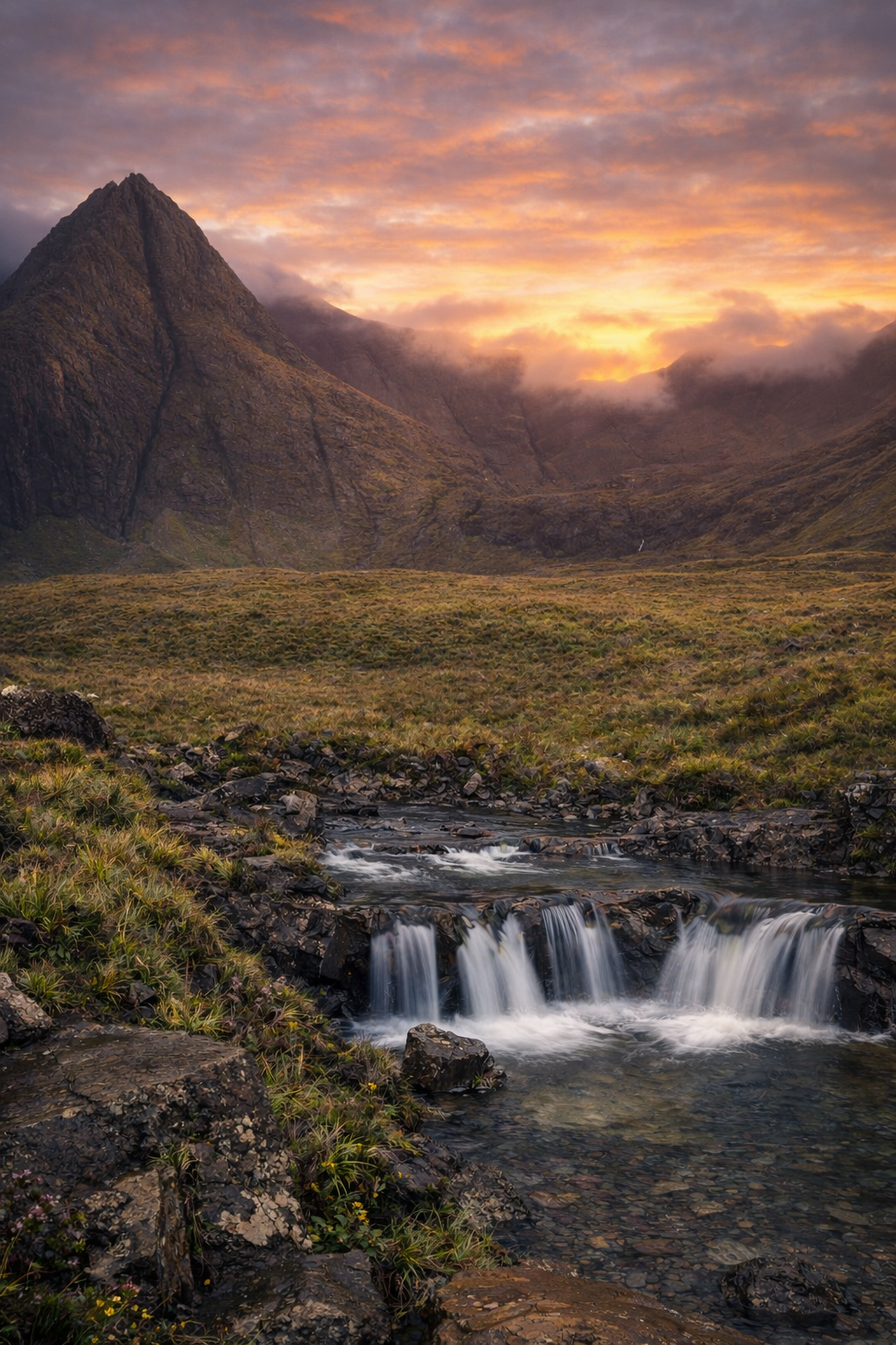 A scenic landscape of a mountain valley at sunset with a waterfall flowing over rocks in the foreground, green plains, misty mountains, and a colorful sky.