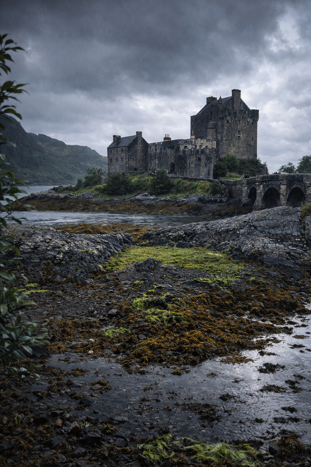 A medieval castle on a small hill surrounded by water, with dark clouds overhead and a rocky shoreline in the foreground.