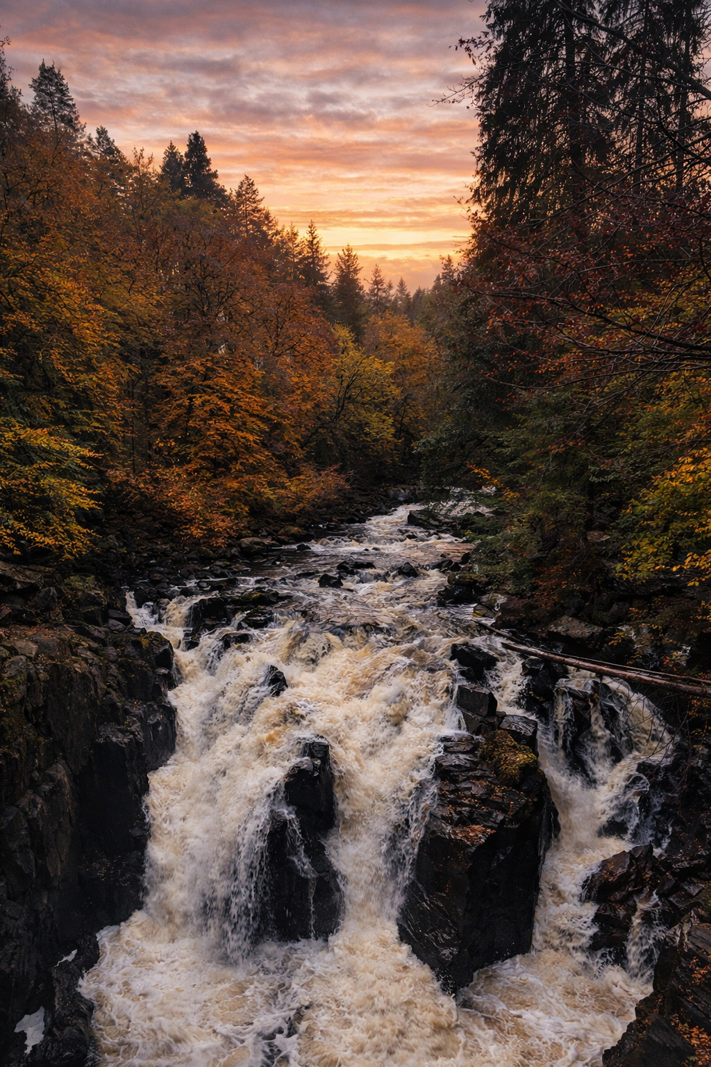 A river cascading over rocks through a forest with fall foliage at sunset.