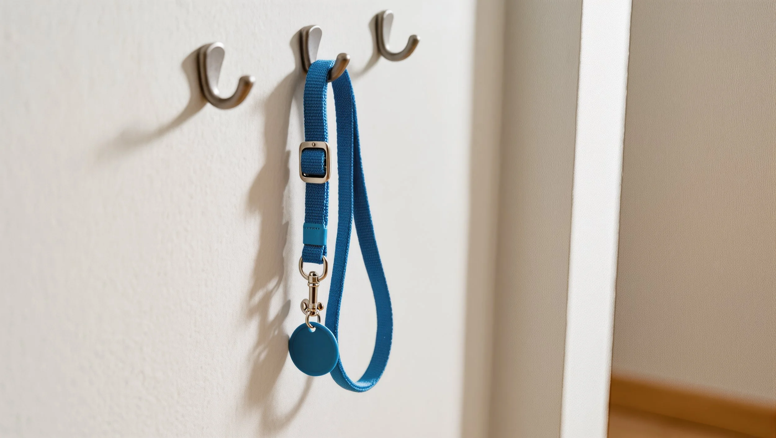 A blue dog leash with a round tag hanging on a wall hook. The Chatty Pet Sitter serves Whitfield County, Catoosa County, Hamilton County and Murray County.