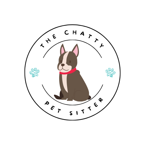 Logo for The Chatty Pet Sitter featuring a cartoon dog with a red collar, and two small blue paw prints, surrounded by black text.