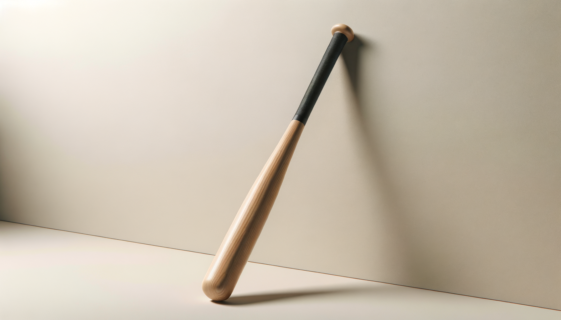 A wooden baseball bat with a black handle leaning against a neutral-colored wall.