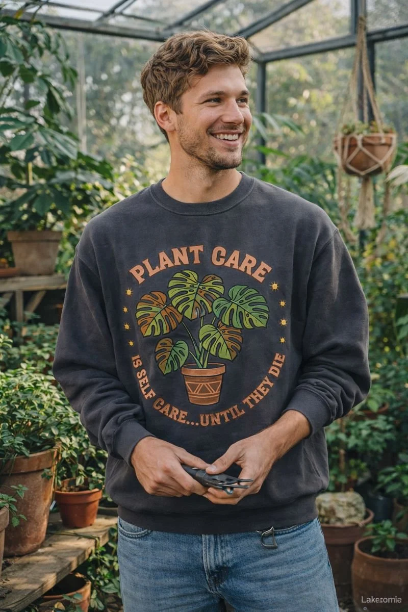 “Plant Care Is Self Care” Sweatshirt for Plant Lovers – Gildan SF000 Pepper, Monstera Crewneck, Gardener Gift for Men & Women