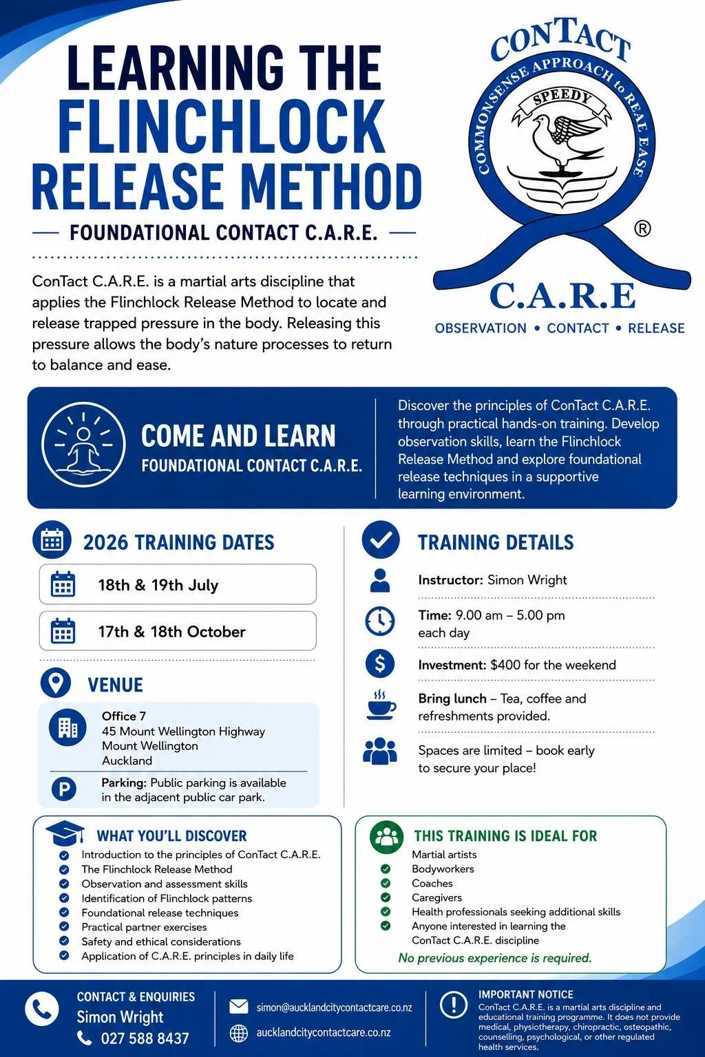 Flyer for a ConTact C.A.R.E. flinchlock release method training session, including dates, location, instructor, schedule, investment, and details of what participants will learn.