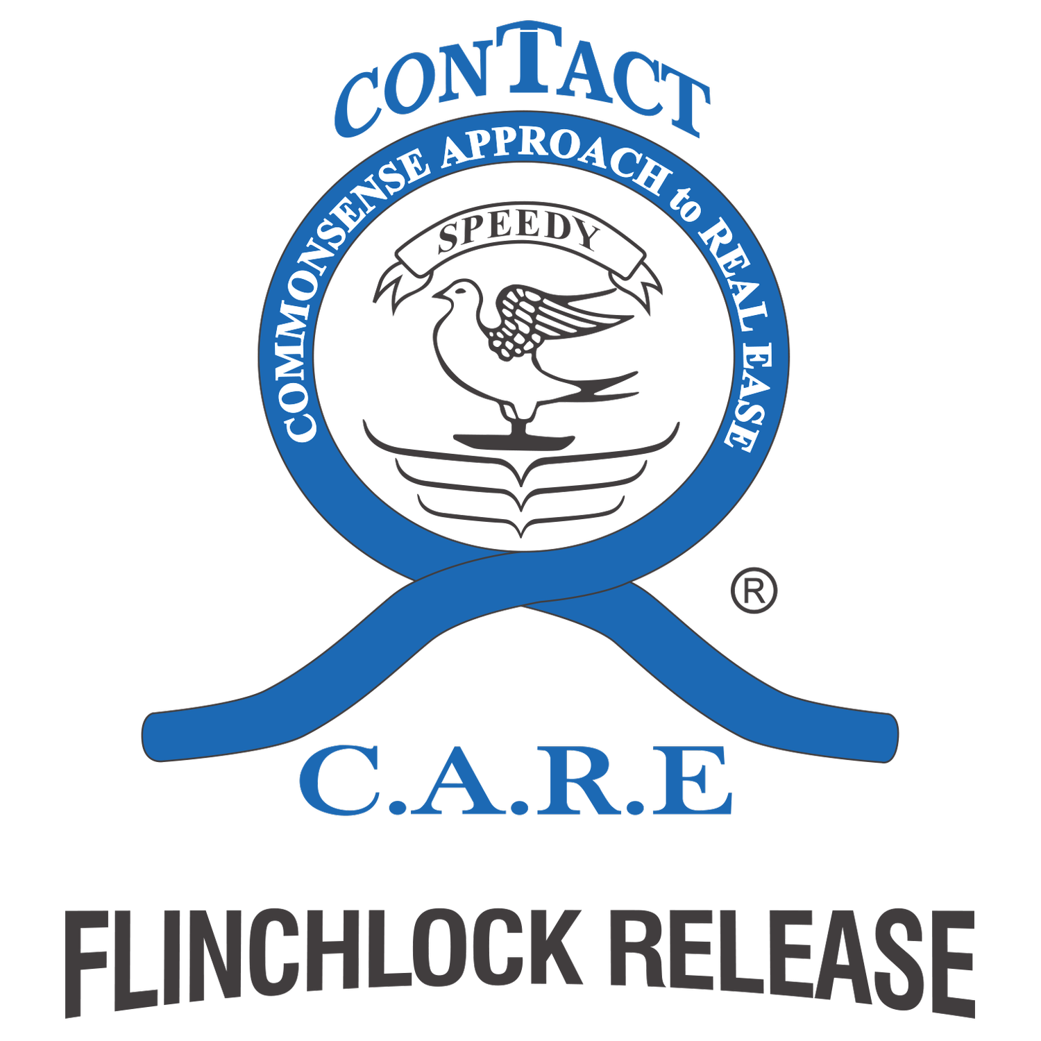 Logo of C.A.R.E. with a blue ribbon and a bird, the words 'Contact', 'Commonsense Approach to Real Ease', and 'Flinchlock Release'.