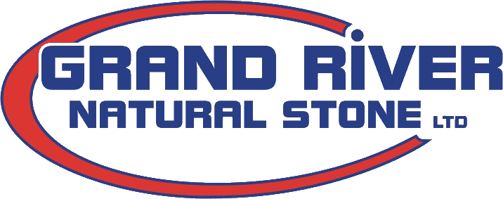Logo for Grand River Natural Stone Ltd, featuring blue text with a red and blue curved line above and below.