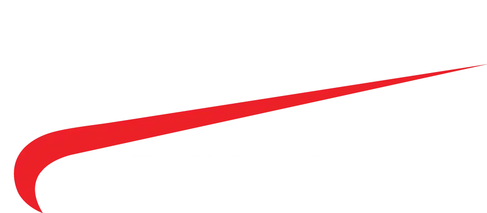 Close-up of a red and white stylized swoosh or arc design.