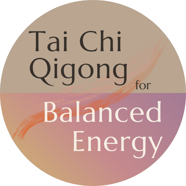Tai Chi Qigong for Balanced Energy, a light brown semicircle on top of a gradient yellow and pink semicircle with an orange paintbrush stroke through the center.