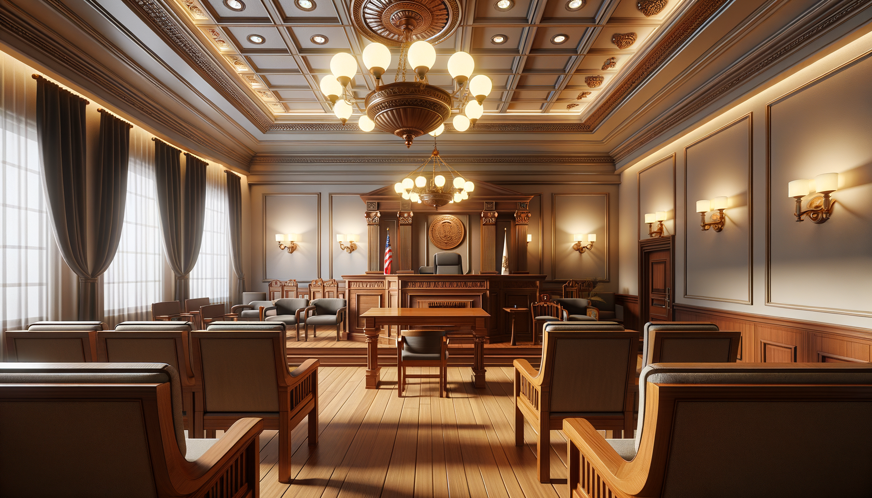 A courtroom with a judge's bench, multiple rows of seats, large windows with curtains, and decorative wood paneling on the walls and ceiling. Attorney Nathan P. Franzen has represented clients in civil litigation, administrative hearings, jury trials