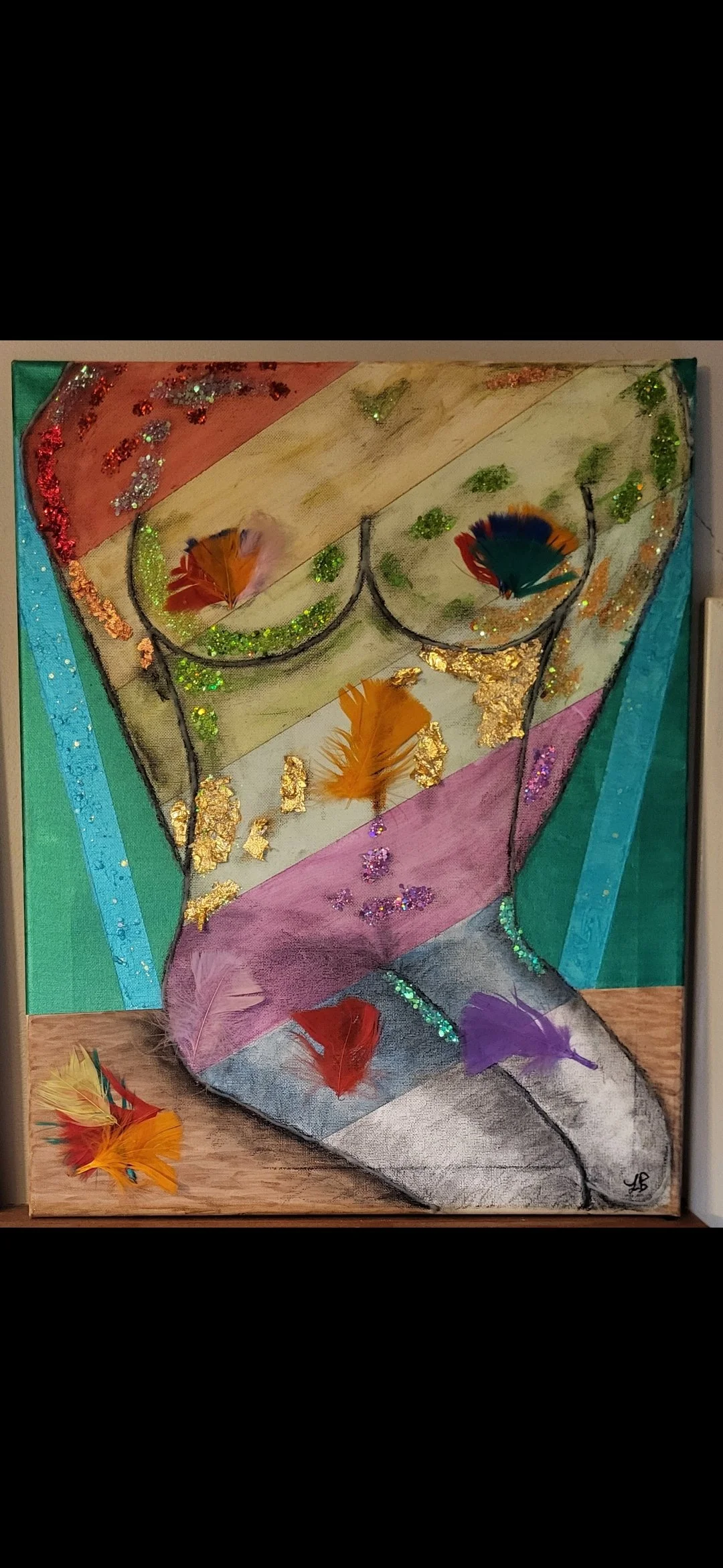Abstract mixed media artwork of a female torso with colorful feathers, glitter, and layered paint in pastel shades of pink, yellow, green, blue, purple, and gray.