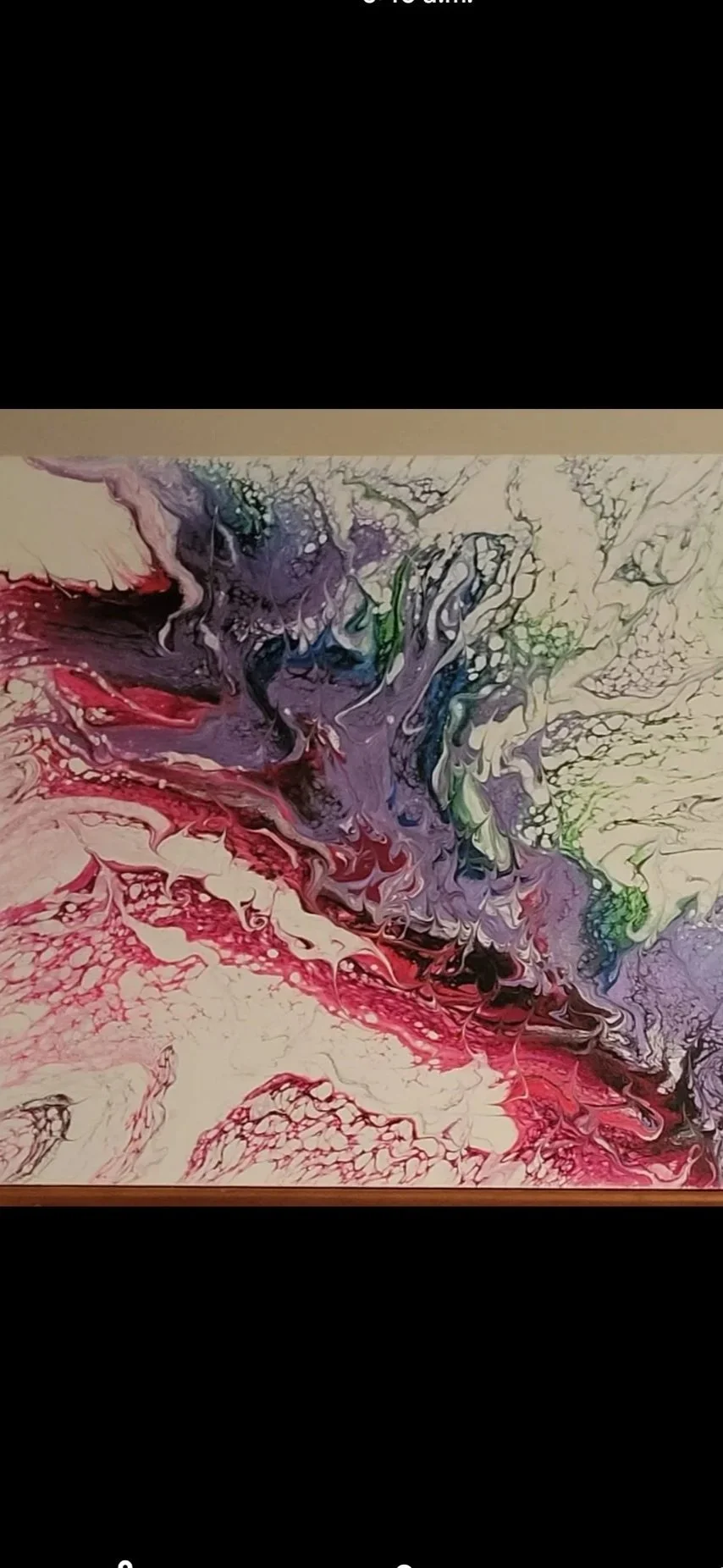 An abstract painting with swirling colors including purple, pink, black, and hints of green and blue.