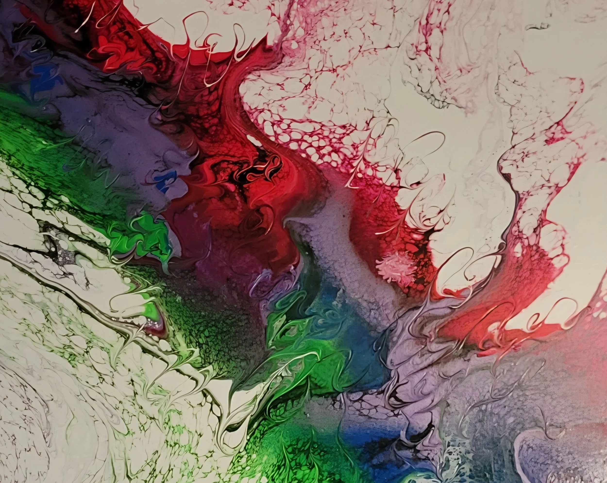 Abstract painting with swirling colors of red, green, purple, black, and white.