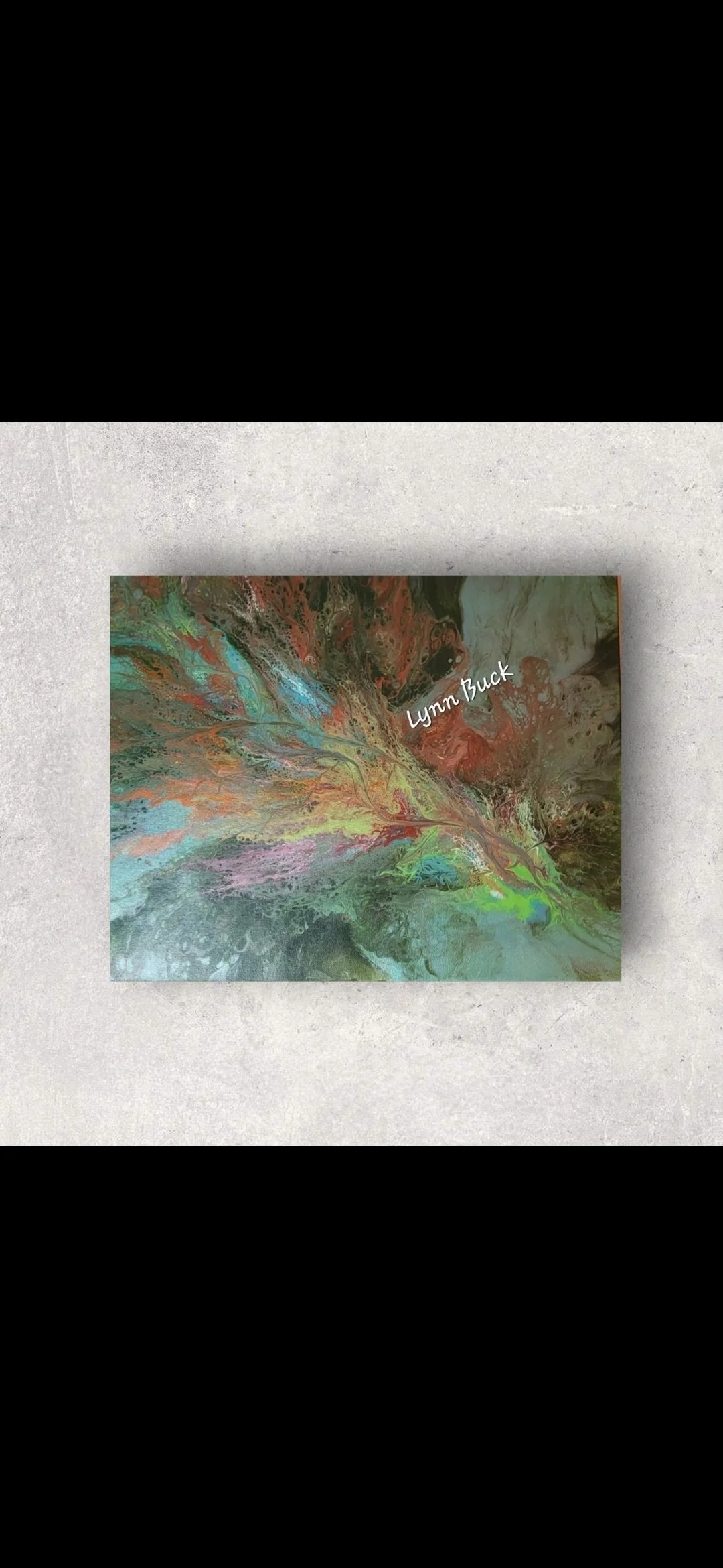 Abstract painting with swirling colors including reds, greens, blues, and golds, signed "Lynn Buck" in white text.