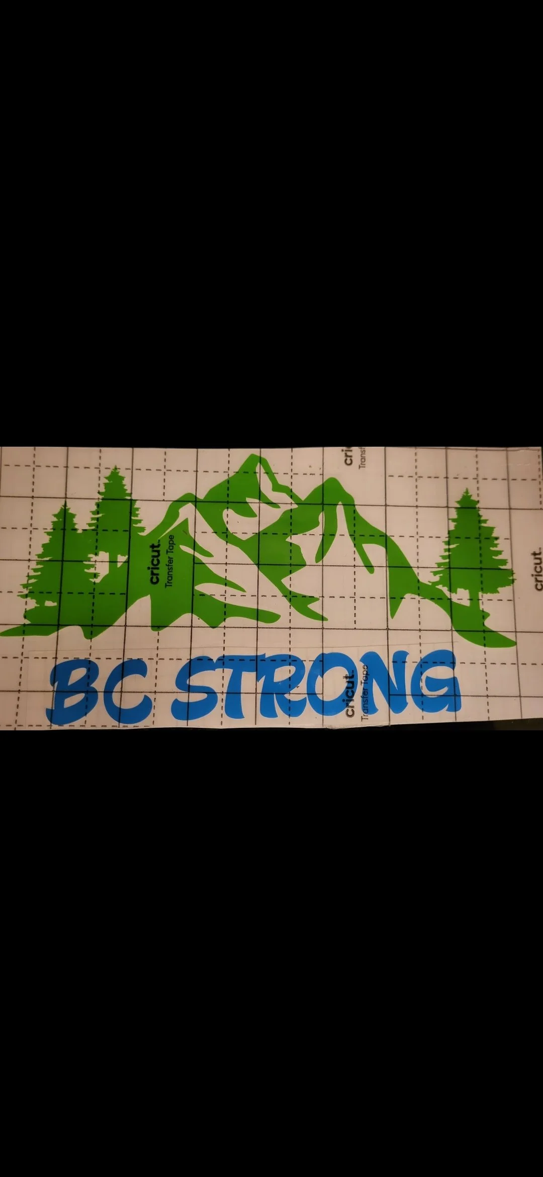 A cloth with green mountain and tree graphics and the text 'BC STRONG' in blue. The mountain has the words 'Cricut Transfser Tape' printed on it.