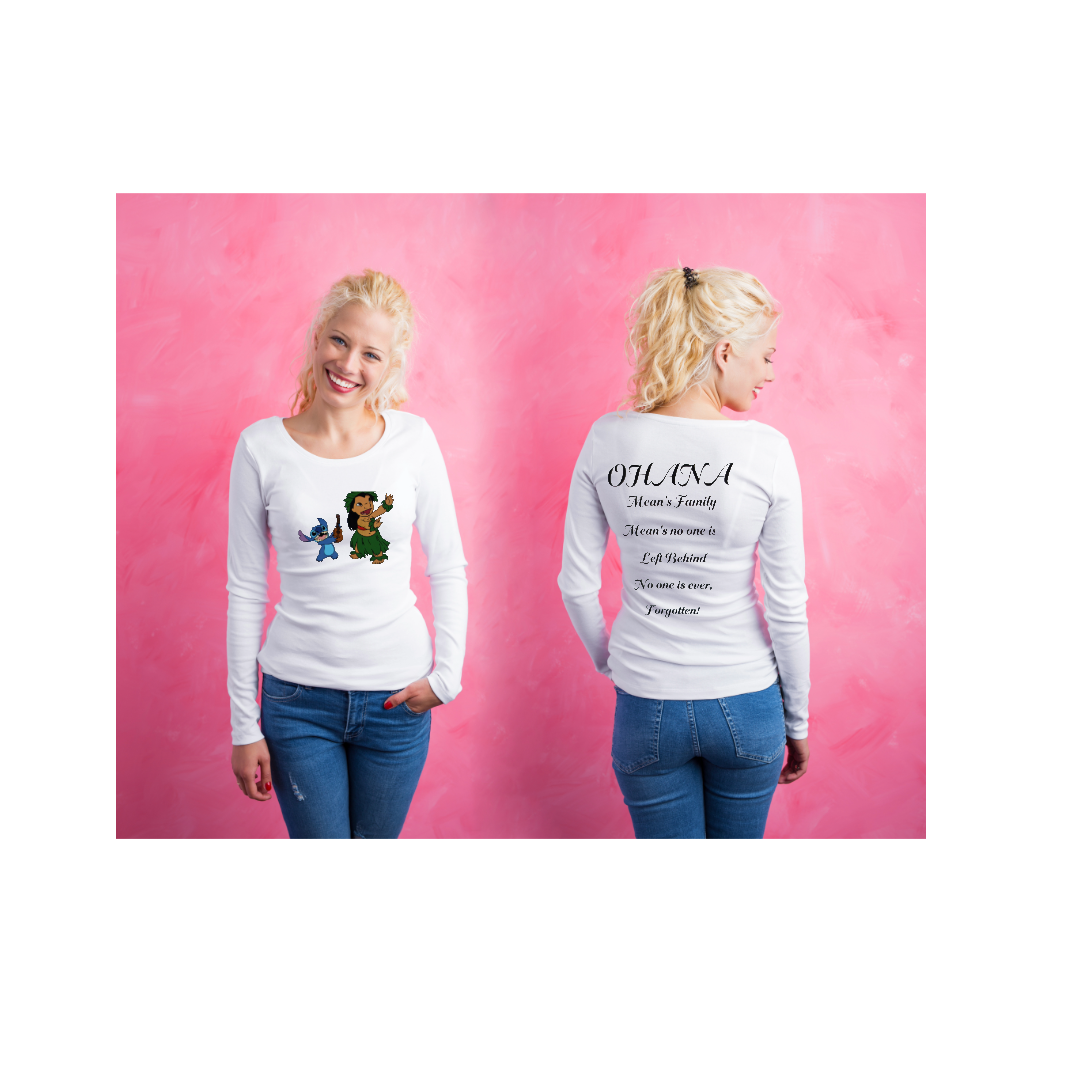 White long-sleeve shirt with cartoon characters on the front and a family quote on the back, worn by a blonde woman smiling and posing in front of a pink background.
