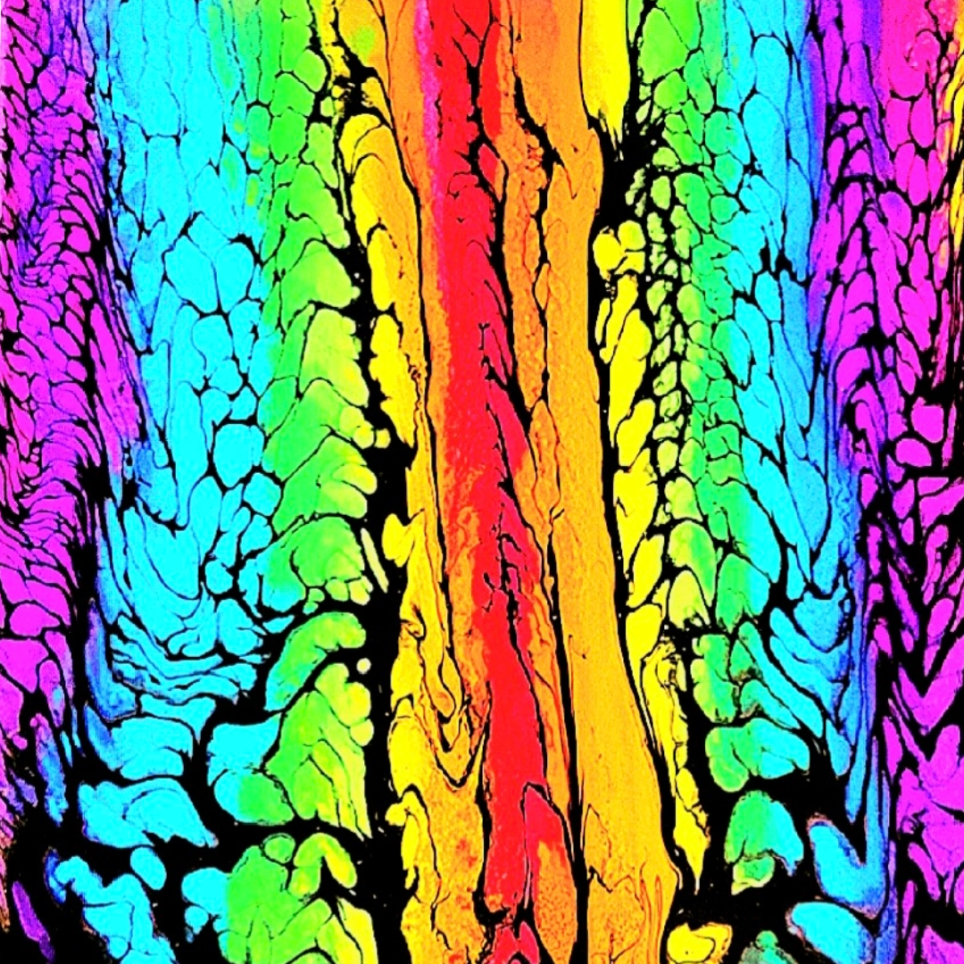 Abstract rainbow-colored pattern with black cracks and textures.
