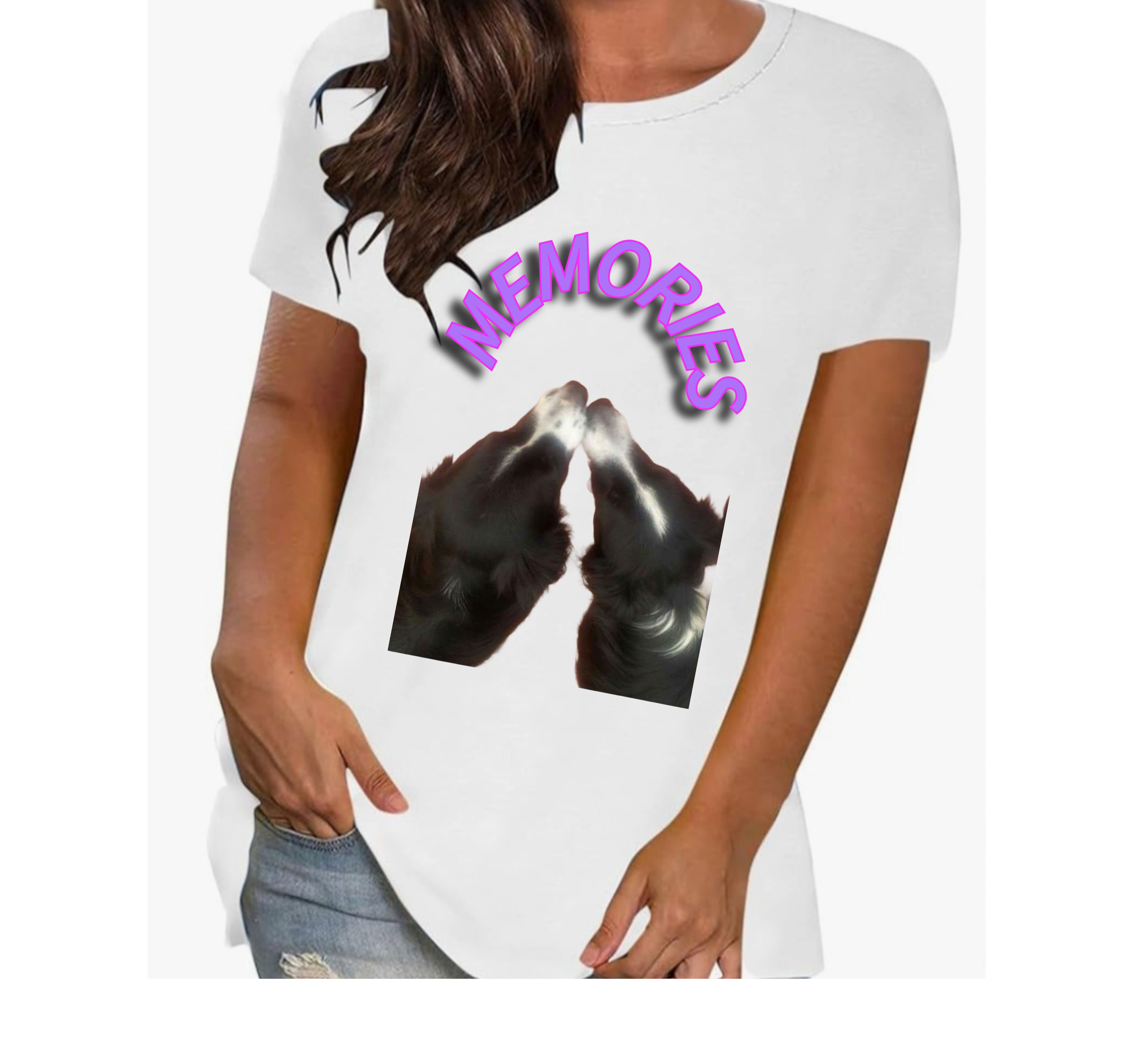 White T-shirt with a photo of two black and white puppies touching noses and the word 'MEMORIES' in purple 3D text above the puppies.
