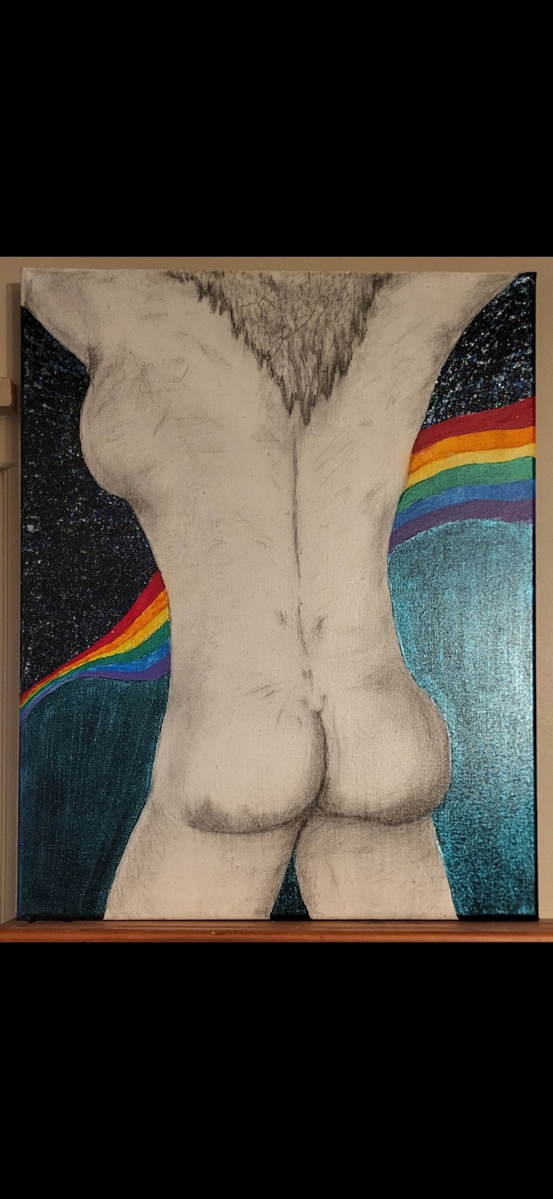 An unfinished art piece depicting a nude female back with rainbow-colored wings and a starry night sky background.