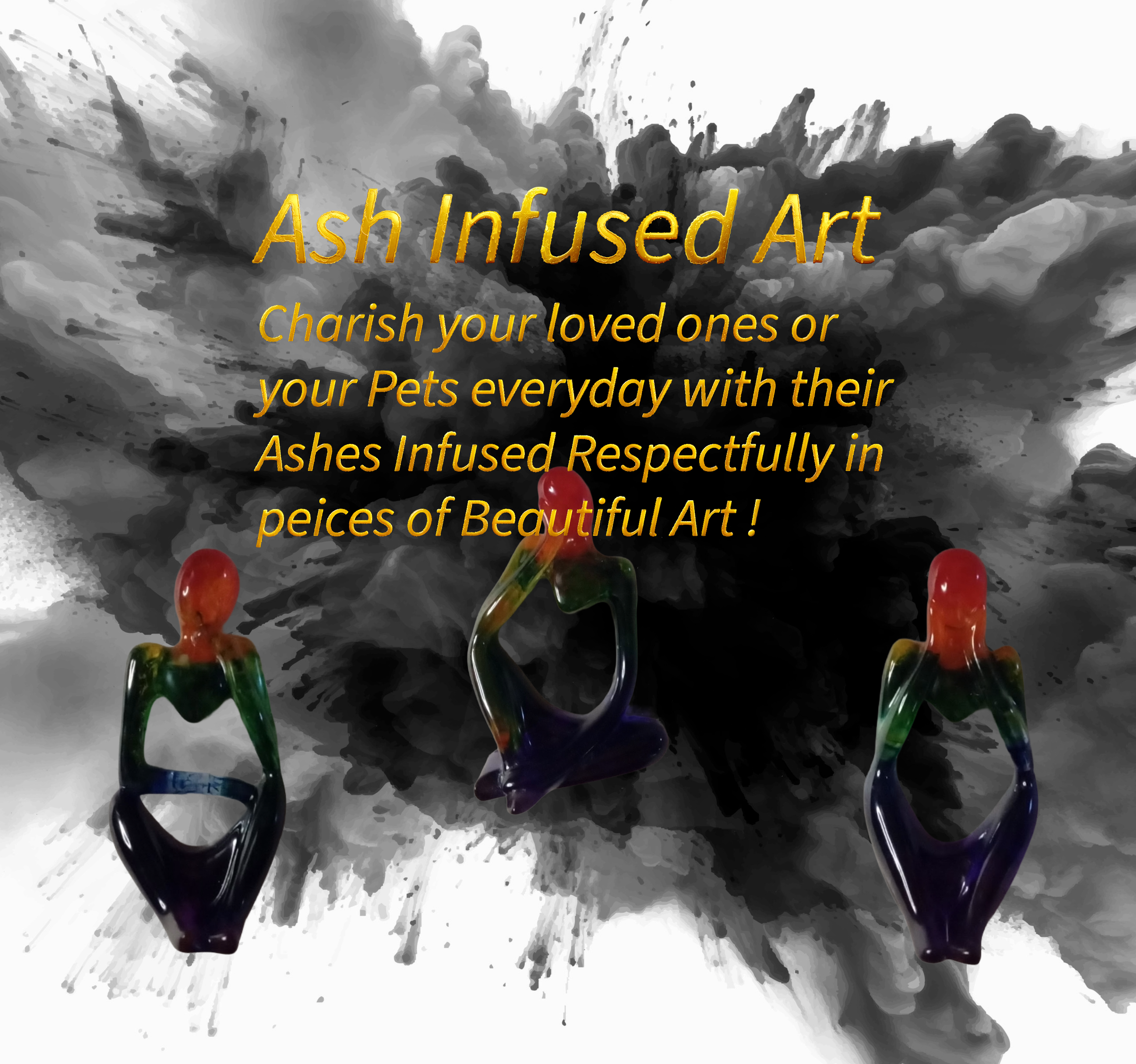 Text promoting Ash infused art with colorful glass sculptures of human figures in front of a black and gray ink splash background.