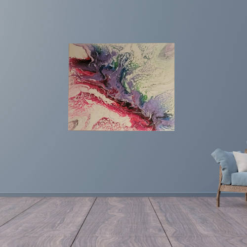 Abstract painting with swirls of purple, green, red, and black on a beige background hung on a blue wall in a room with wooden floor and a blue armchair with pillows.